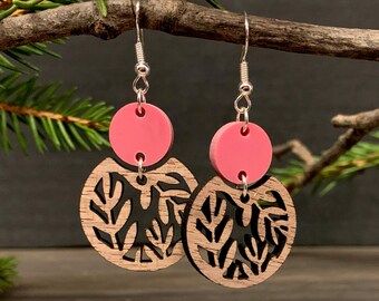 Customizable Wooden Fern Earrings, Acrylic Floral Earrings, Laser Cut Dangle Jewelry