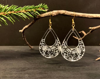 Clear Floral Teardrop Earrings, Acrylic Dangle Earrings, Flower Inspired Jewelry, Laser Cut Jewelry, Statement Earrings