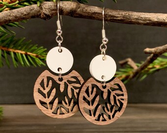 Customizable Wooden Fern Earrings, Acrylic Floral Earrings, Laser Cut Dangle Jewelry