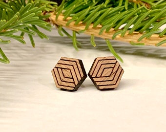 Wooden Geometric Hexagon Earrings, Wood Geometric Studs, Laser Cut Wood Jewelry