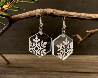 Acrylic Snowflake Earrings, Clear Dangle Earring, Holiday Earring, Winter Earring, Christmas Earring, Laser Cut Jewelry