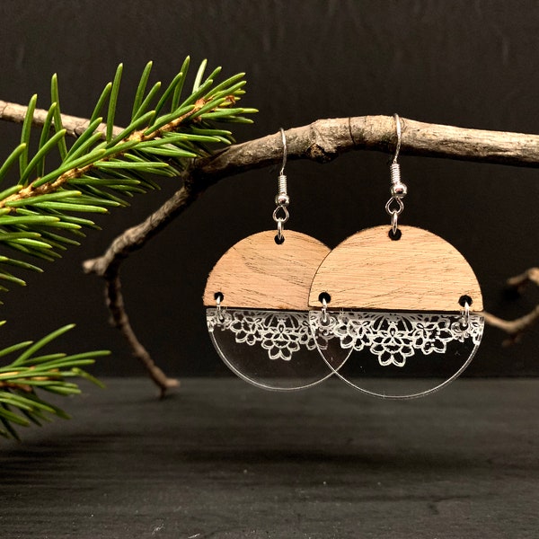 Customizable Lace Earrings, Wooden Earrings, Laser Cut Earrings, Round Earrings, Dangle Earrings, Floral Earrings