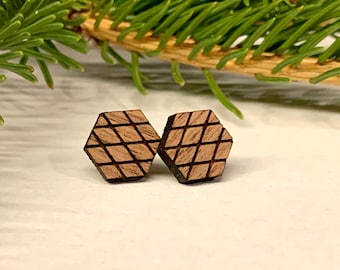 Wooden Geometric Hexagon Earrings, Hexagon Studs, Wood Laser Cut Jewelry