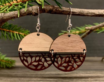 Customizable Floral Leaf Earrings, Wooden Earrings, Laser Cut Earrings, Floral Earrings, Leaf Earrings, Round Earrings, Dangle Earrings