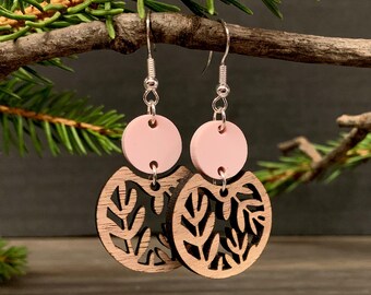 Customizable Wooden Fern Earrings, Acrylic Floral Earrings, Laser Cut Dangle Jewelry