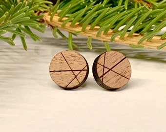 Round Wooden Geometric Earring, Wood Circular Stud, Laser Cut Wood Jewelry