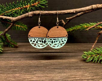 Customizable Floral Leaf Earrings, Wooden Earrings, Laser Cut Earrings, Floral Earrings, Leaf Earrings, Round Earrings, Dangle Earrings