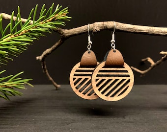 Geometric Boho Earrings, Wooden Earrings, Leather Earrings, Round Earrings, Boho, Laser Cut Earrings