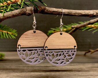 Customizable Floral Leaf Earrings, Wooden Earrings, Laser Cut Earrings, Floral Earrings, Leaf Earrings, Round Earrings, Dangle Earrings