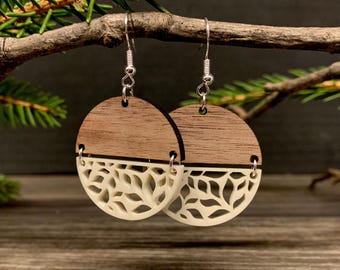 Customizable Floral Leaf Earrings, Wooden Earrings, Laser Cut Earrings, Floral Earrings, Leaf Earrings, Round Earrings, Dangle Earrings