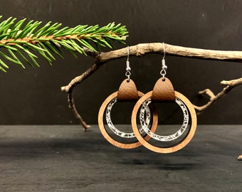 Wooden Floral Hoop Earrings, Round Wooden Hoops, Rustic Wooden Jewelry, Boho Farmhouse Earrings, Acrylic Earrings, Laser Cut Jewelry