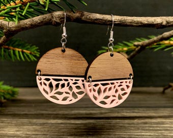 Customizable Floral Leaf Earrings, Wooden Earrings, Laser Cut Earrings, Floral Earrings, Leaf Earrings, Round Earrings, Dangle Earrings
