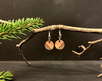 Round Wooden Geometric Earrings, Small Minimalist Drop Earring, Laser Cut Wood Jewelry