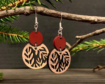 Customizable Wooden Fern Earrings, Acrylic Floral Earrings, Laser Cut Dangle Jewelry