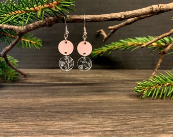 Customizable Petite Floral Earrings, Acrylic Lightweight Round Jewelry, Dangle Geometric Drop Earring, Laser Cut Floral Design