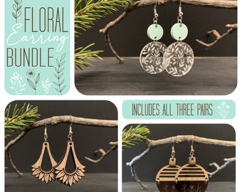 Floral Earring Bundle, Floral Earrings, Wood Earrings, Drop Earrings, Round Earrings, Circle Earrings, Sunflower Earrings, Laser Cut Earring