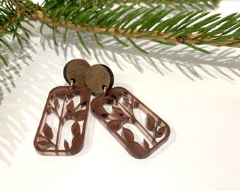 Customizable Floral Stud Earring, Wood and Acrylic Flower Earrings, Laser Cut Wood Jewelry