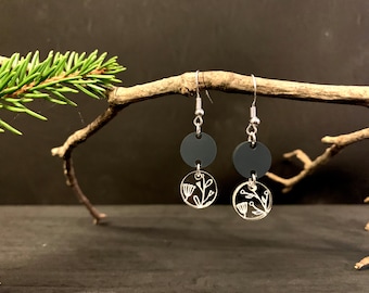 Customizable Petite Floral Earrings, Acrylic Lightweight Round Jewelry, Dangle Geometric Drop Earring, Laser Cut Floral Design