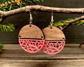 Customizable Floral Leaf Earrings, Wooden Earrings, Laser Cut Earrings, Floral Earrings, Leaf Earrings, Round Earrings, Dangle Earrings