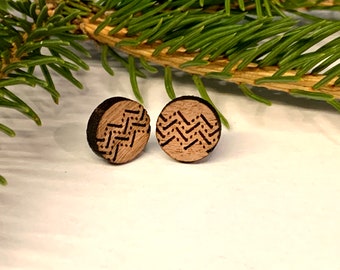 Round Wooden Chevron Earring, Wood Circular Geometric Stud, Laser Cut Wood Earrings