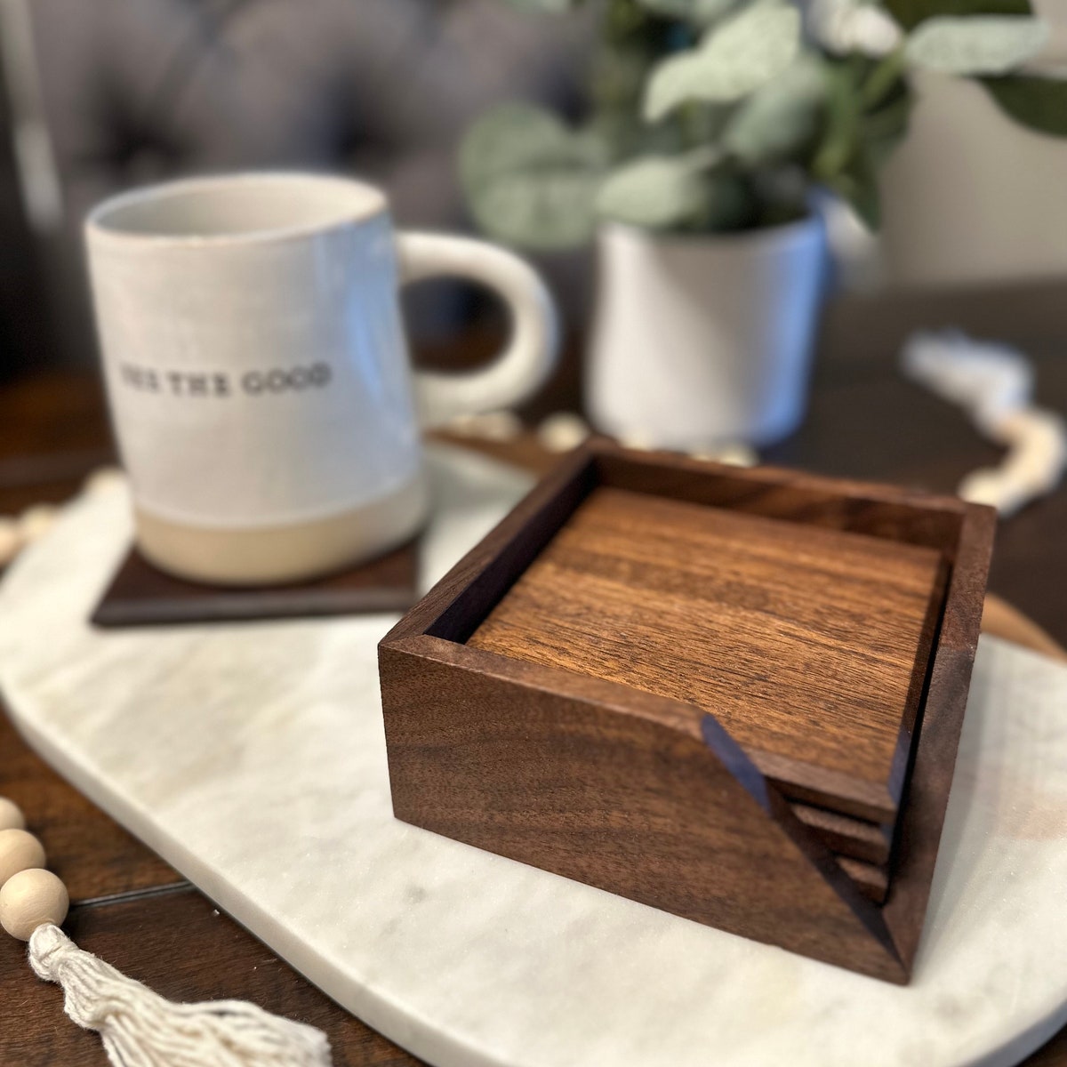 Walnut Wood Coasters Set of 4 With Coaster Holder - Etsy