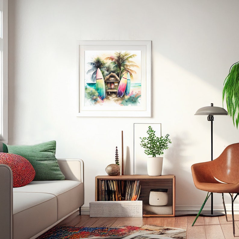 May include: A watercolor painting of a beach scene with two colorful surfboards leaning against a small wooden hut. Palm trees are in the background, and the ocean is visible in the distance.