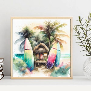 May include: Watercolor painting of a tropical beach scene with two colorful surfboards leaning against a small wooden hut. Palm trees and a blue ocean are in the background.