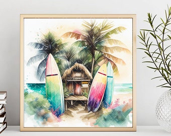 May include: Watercolour painting of a tropical beach scene with two colourful surfboards leaning against a small wooden hut. Palm trees and a blue ocean are in the background.
