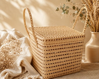 Handwoven Wicker Basket with Lid, Boho Organizer for Nursery, Bathroom, Shelf & Home Decor
