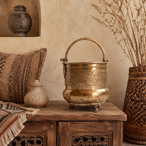 Handmade Engraved Copper Vessel, Moroccan Boho Home Decor Accent, Artisan Metalwork Footed Pot