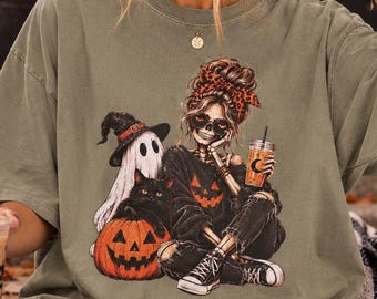 Halloween Girl Comfort Colors Shirt, Ghost Pumpkin Tee, Vintage Spooky Halloween T Shirt, Cozy Fall Gift