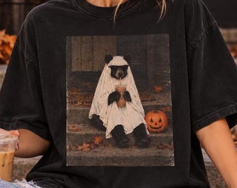 Funny Halloween Bear in Ghost Costume Iced Coffee Comfort Colors T Shirt