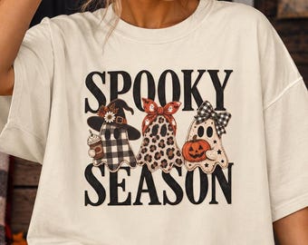 Spooky Season Ghosts T-Shirt | Halloween Pumpkin Plaid Leopard