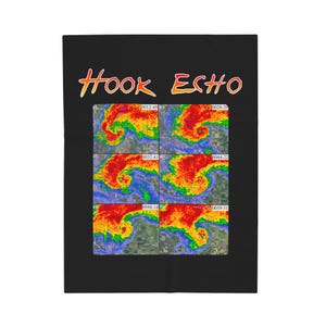 May include: A black background with the text "HOOK ECHO" in orange and red. Six images of weather radar showing a hook echo in red, orange, yellow, and green colors.