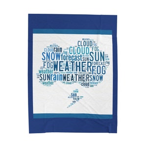 May include: A white background with a blue word cloud depicting various weather conditions, including snow, rain, sun, cloud, fog, and forecast. The words are arranged in a heart shape.