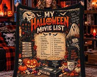 My Halloween Movie List Blanket, 80s 90s Scary Movie Throw, Vintage Halloween Movie Blanket, Cozy Spooky Fall Gift