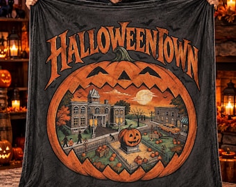 Halloween Town Pumpkin Blanket, Vintage Halloween Velveteen Throw, Pumpkin Town Autumn Decor, Spooky Fall Gift