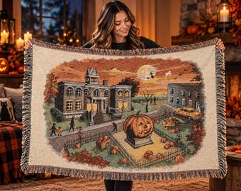 Halloweentown Handwoven Cotton Blanket, Pumpkin Town Hall Nostalgic Halloween Throw, Vintage Autumn Movie Blanket, Spooky Fall Decor Gift
