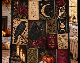 Vintage Halloween Patchwork Blanket, Black Cat Moon Pumpkin Throw, Witchy Cottagecore Fall Decor, Spooky Autumn Halloween Gift