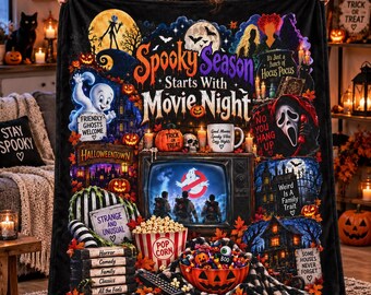 Vintage Halloween Movie Night Blanket, Spooky Patchwork Ghost Witch Throw, Black Cat Pumpkin Horror Movie Decor, Cozy Fall Gift