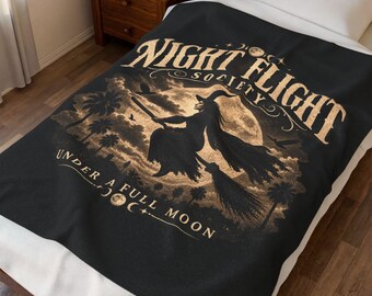 Witch Night Flight Society Velveteen Plush Blanket, Vintage Halloween Witch Broom Throw, Black Moonlit Autumn Blanket, Spooky Fall Gift