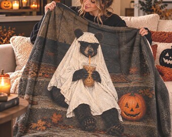 Ghost Bear Halloween Blanket, Funny Bear Ghost Throw, Vintage Spooky Autumn Blanket, Cozy Halloween Gift