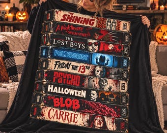 Retro Horror VHS Blanket, Classic 80s 90s Horror Movie Throw, Vintage Halloween Blanket, Scary Movie Gift