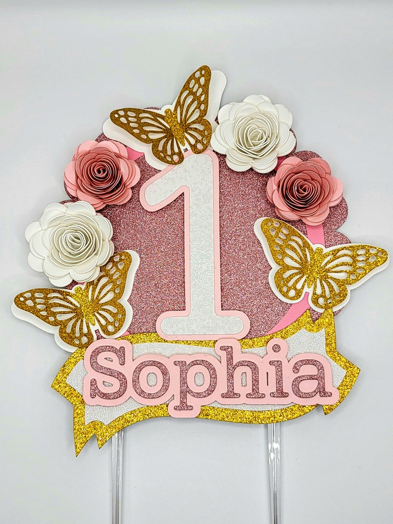Butterfly Cake Topper Flower Cake Topper Pink and Gold Cake Etsy