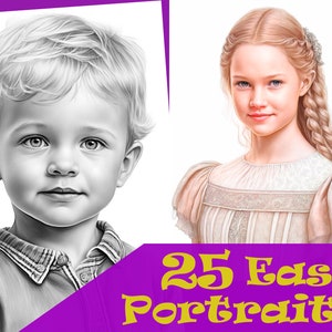 25 Easy Portraits: Grayscale Coloring Book for Adults and Children - Printable PDF - Instant Download
