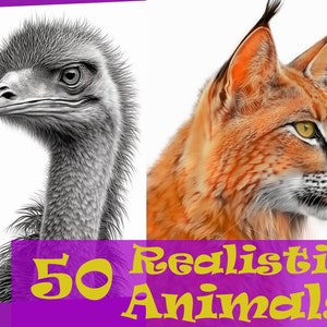 リアルな動物: 大人と子供向けのグレースケール塗り絵 - 印刷可能な PDF、即時ダウンロード