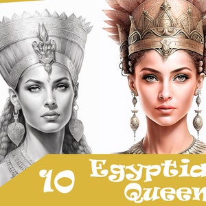 10 Egyptian Queens: Grayscale Coloring Book for Adults - Printable PDF - Instant Download