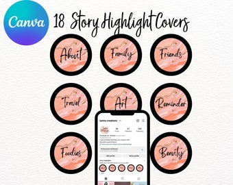 May include: 18 pink and gold marble-patterned Instagram story highlight covers with black borders. The covers feature text such as "About", "Family", "Friends", "Travel", "Foodies", "Art", "Reminder", and "Beauty".