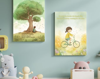 Abenteuer zwischen Bäumen, Fahrrädern und Booten: 2 Digitaldrucke für das Zimmer Ihres kleinen Entdeckers