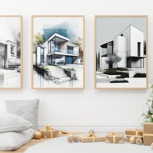 5 Digital Prints of Modern Villa Architectural Drawings - Perfect for Any Room and Makes the Best Gift!